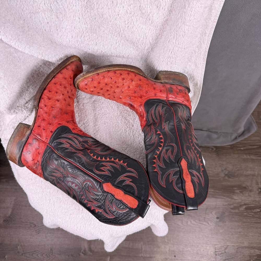 Nocona Womens Cowboy Boots 6 B Full Quill Ostrich Exotic‎ Red Black USA Made - Picture 10 of 16